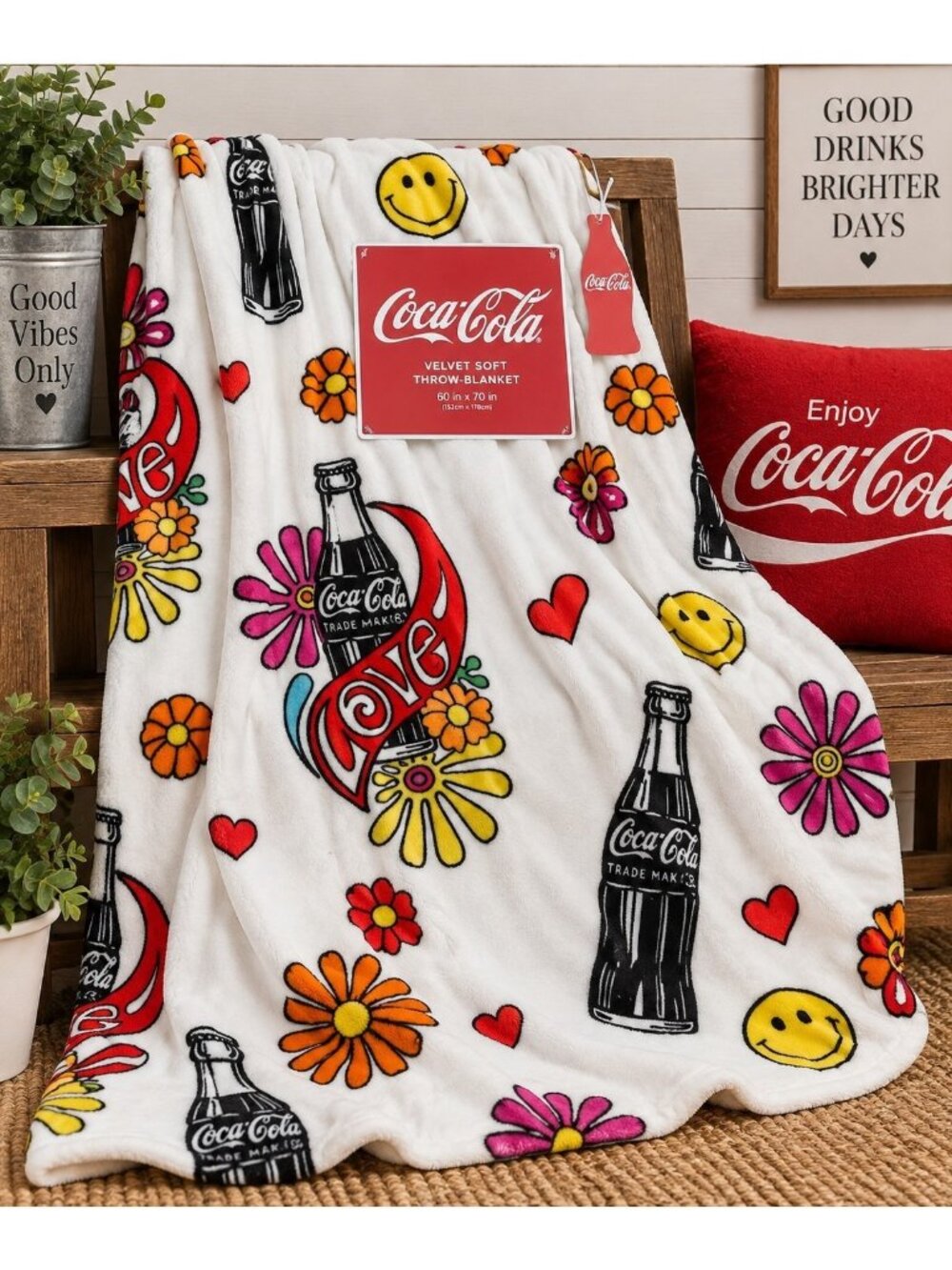 Coca Cola Retro Love Flowers Smiley Face Velvet Plush Throw Blanket 60x70 NWT